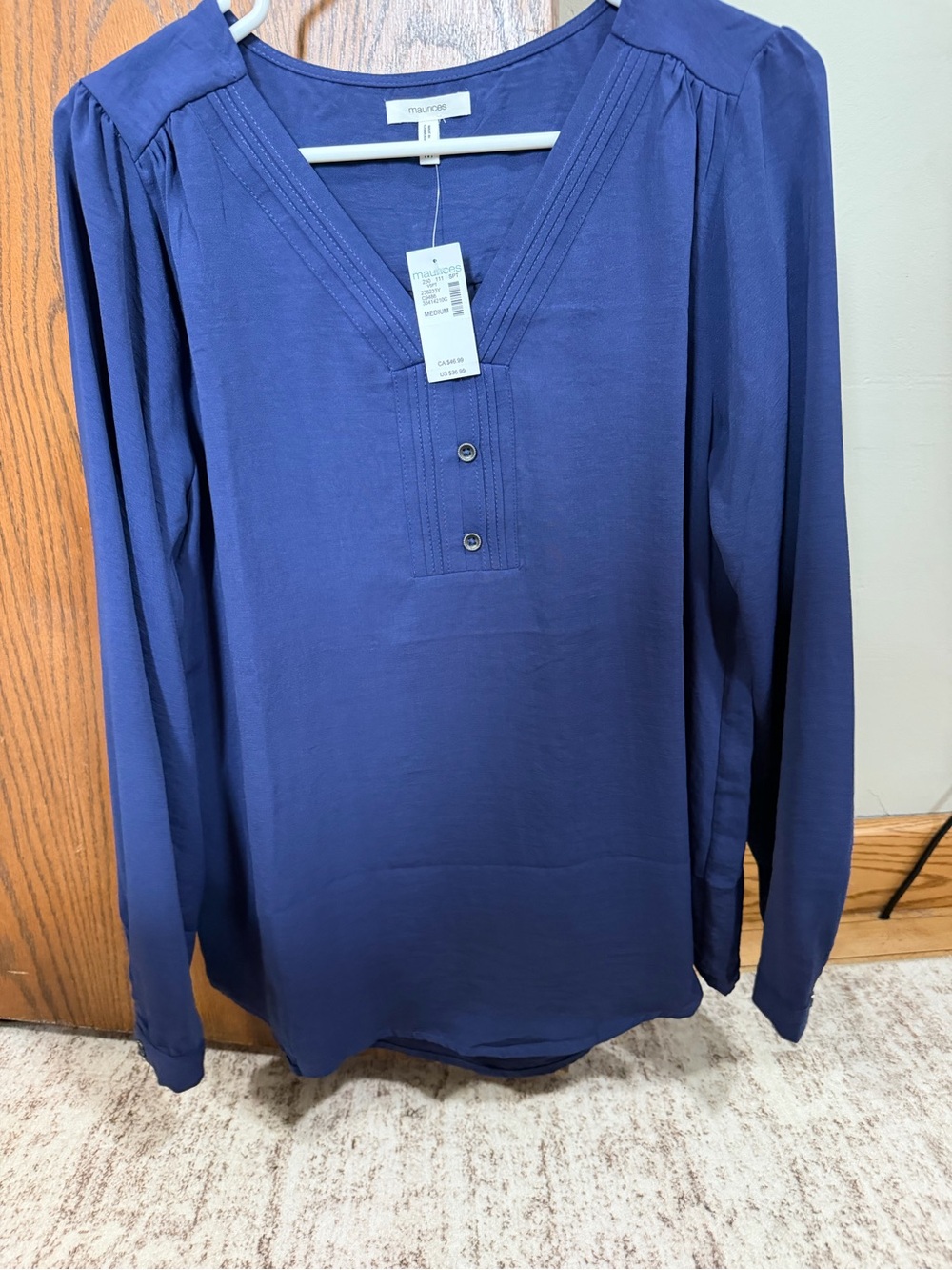 Maurices Navy V-Neck Pintuck Henley Blouse